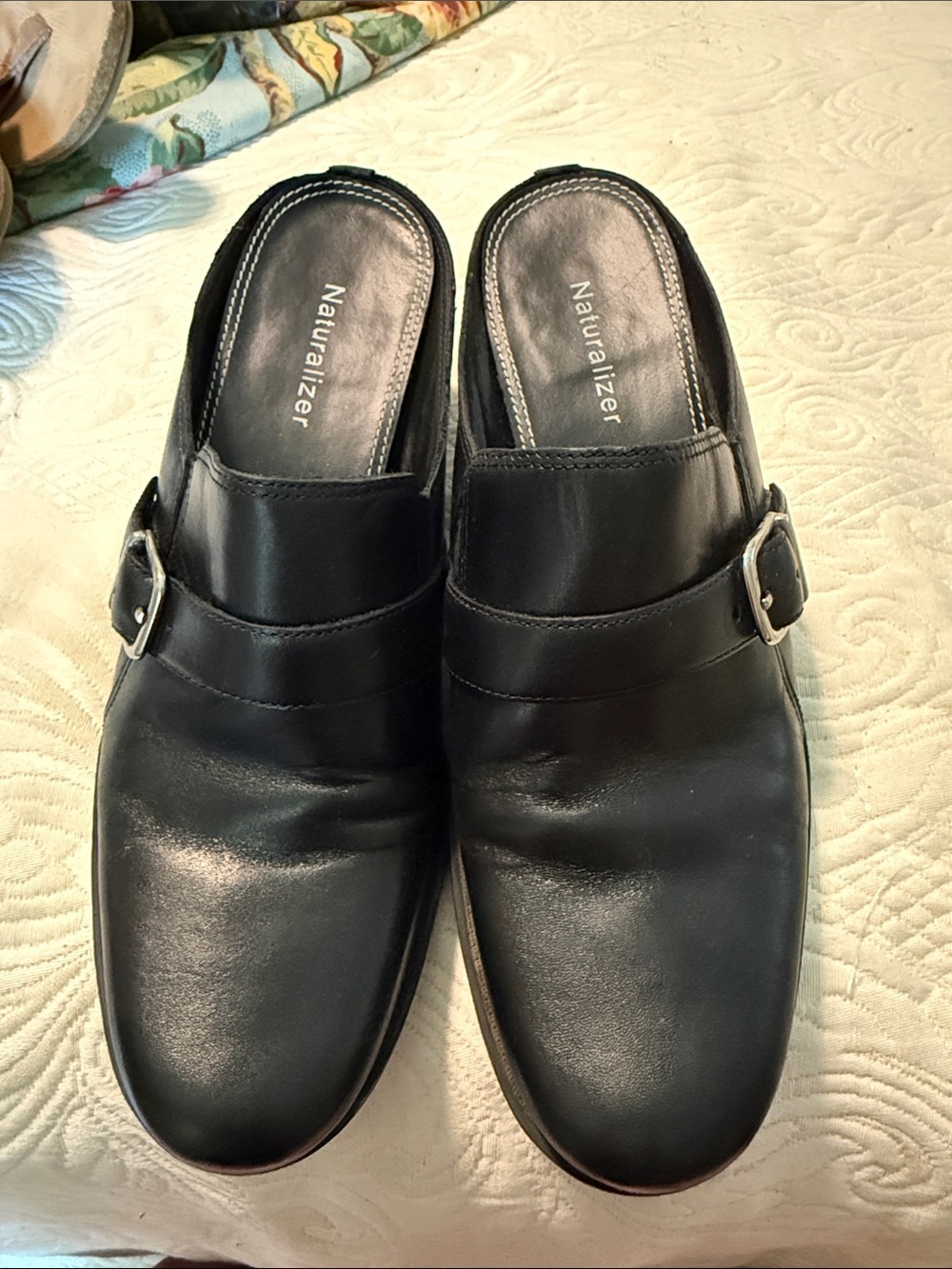 Naturalizer Black Leather Slip-On Loafers with Side Buckles